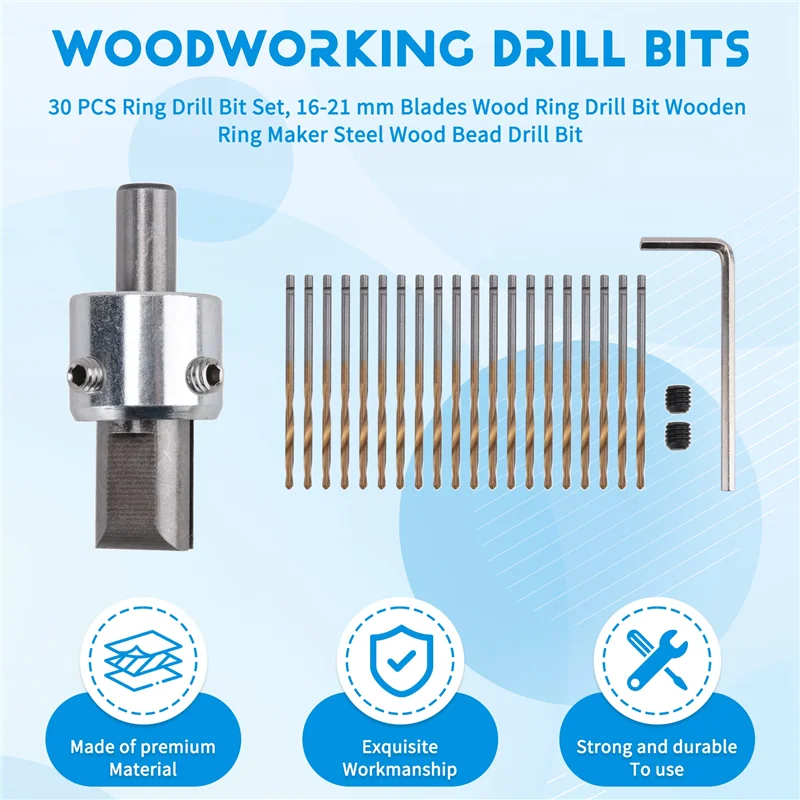 AB47-30 PCS Ring Drill Bit Set, 16-21 Mm Blades Wood Ring Drill Bit Wooden Ring Maker Steel Wood Bead Drill Bit