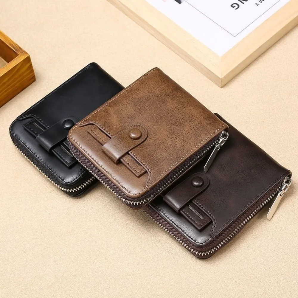 

Fashion Solid Color Men Short Wallet External Multifunctional Business Card Bag Clutch Bag Zipper Male Wallet Outdoor