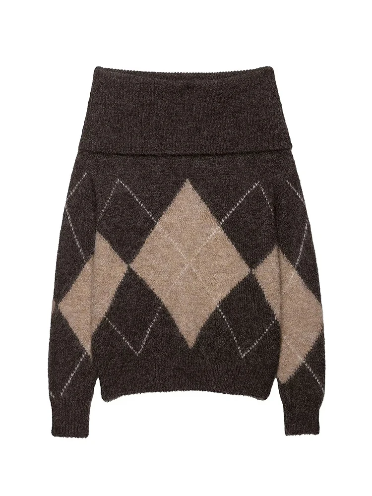 

HH Female Autumn Elegant Long Sleeves Slim Loose Elasticity Knitted Pullover Top Women Casual Pullover Diamond Pattern Sweater