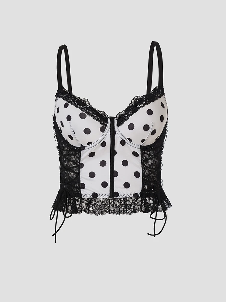  Summer New Small Camisoles Lace Polka Dot Woman Crop Tops Bow Embellished V-Neck Shirt Sweet Style Beach Vacation Clothing