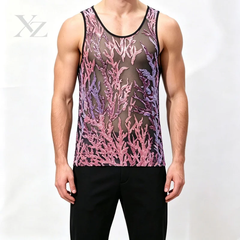Premium Men's Sleeveless Sheer Mesh Tank Top – O Neck Slim Fit See Through Party Costume Shirt with Coral Branch Sequins