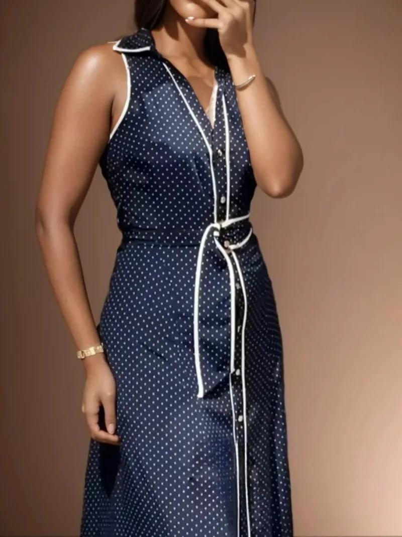 Abito lungo senza maniche casual con bottoni alla moda per donna 2025 Estate nuove donne Abbigliamento Abito camicia a pois vintage con cintura