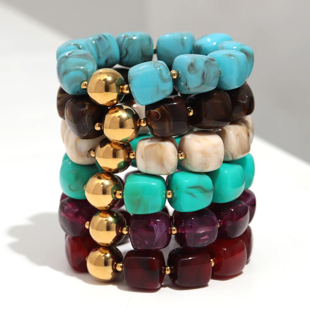 Trendy Acrylic Square Beads Stainless Steel Round Beads Elastic Bracelets Geometric Beaded Stackable Bracelet Fashion Jewelry