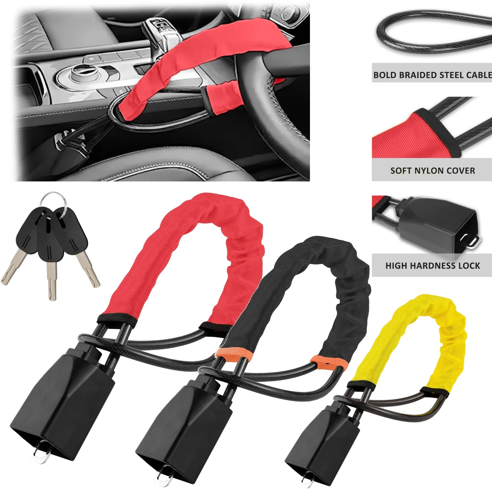 Trava de Volante Universal Antifurto para Carro, Dispositivo de Bloqueio de Cinto de Segurança com Cabo de Aço para Carro, Caminhão, SUV, Van, RV