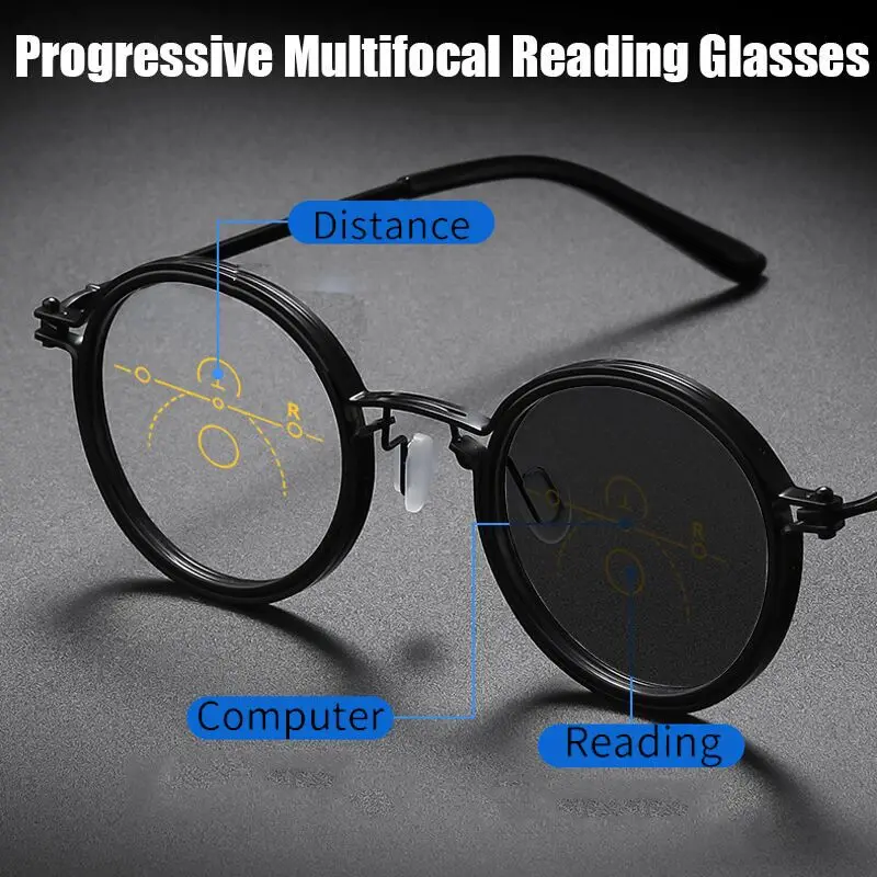 

No Screws Near-far dual-purpose Multifocal Reading Glasses Men Progressive Anti Blue Light Retro Hyperopia Eyeglasses Round Frme