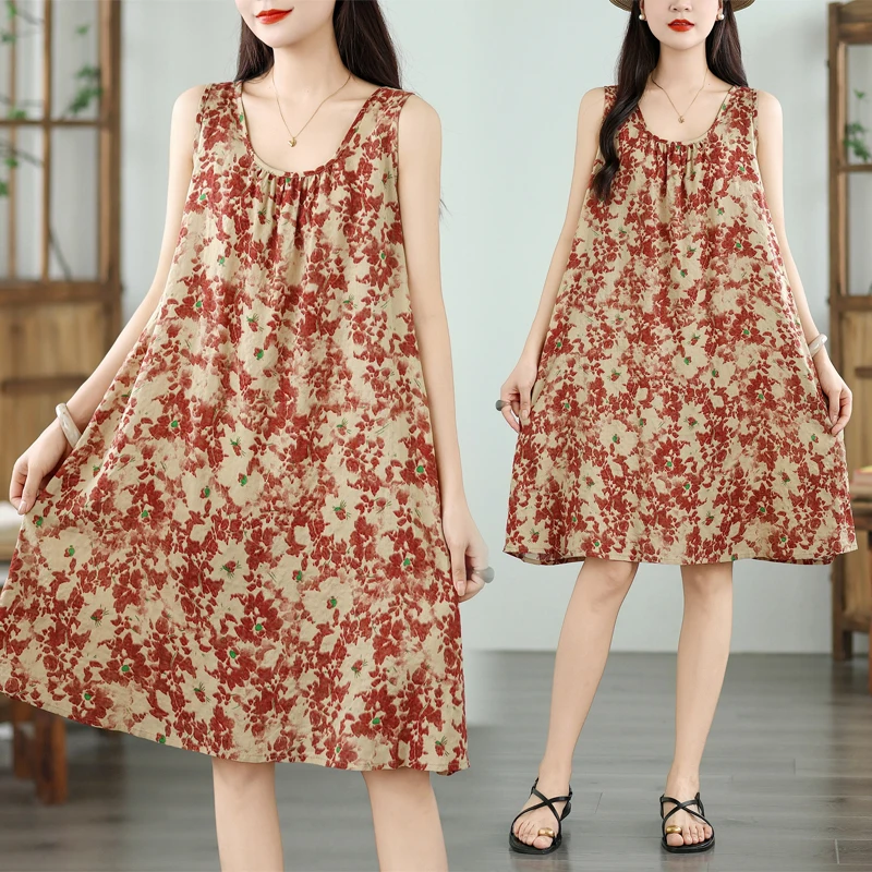 

Summer Loose Cotton Linen Print Dr Vest Skirt Thin Model Svel round Ne A-Line Midi Dr for plus Size Women