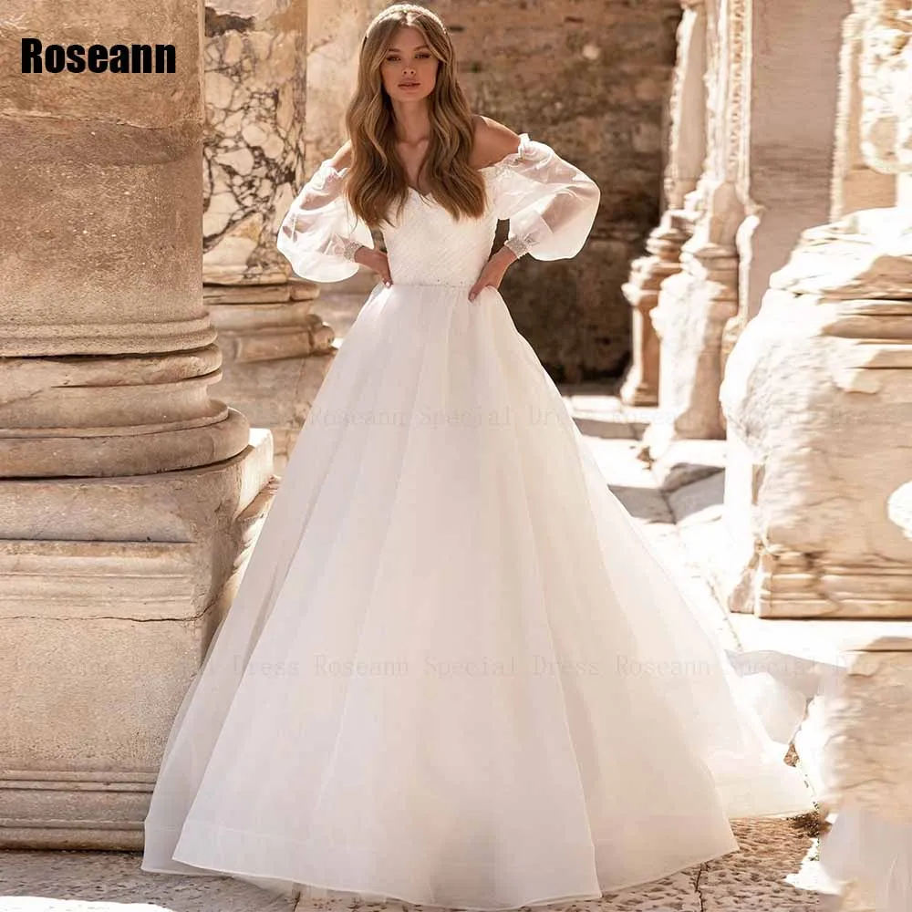 

Fashion A-line Wedding Dress Puff Sleeve Tulle Off-The-Shoulder Draped Pleat Open Back Bride Dresses Floor Length robe de mariée