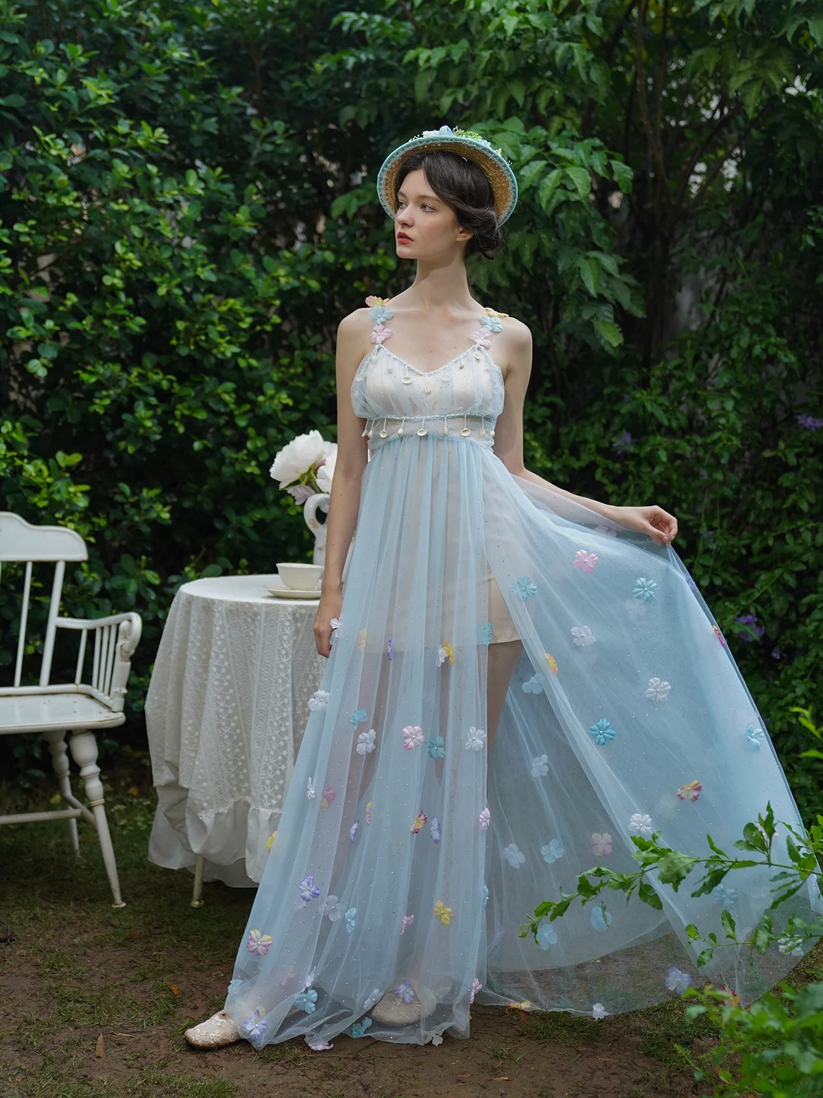 

80-88cm Bust Summer Blue Maxi Sling Dresses Women Elegant Slim Sexy V-Neck Side Slit Dress Shell Tassel Flowers Strapless Dress