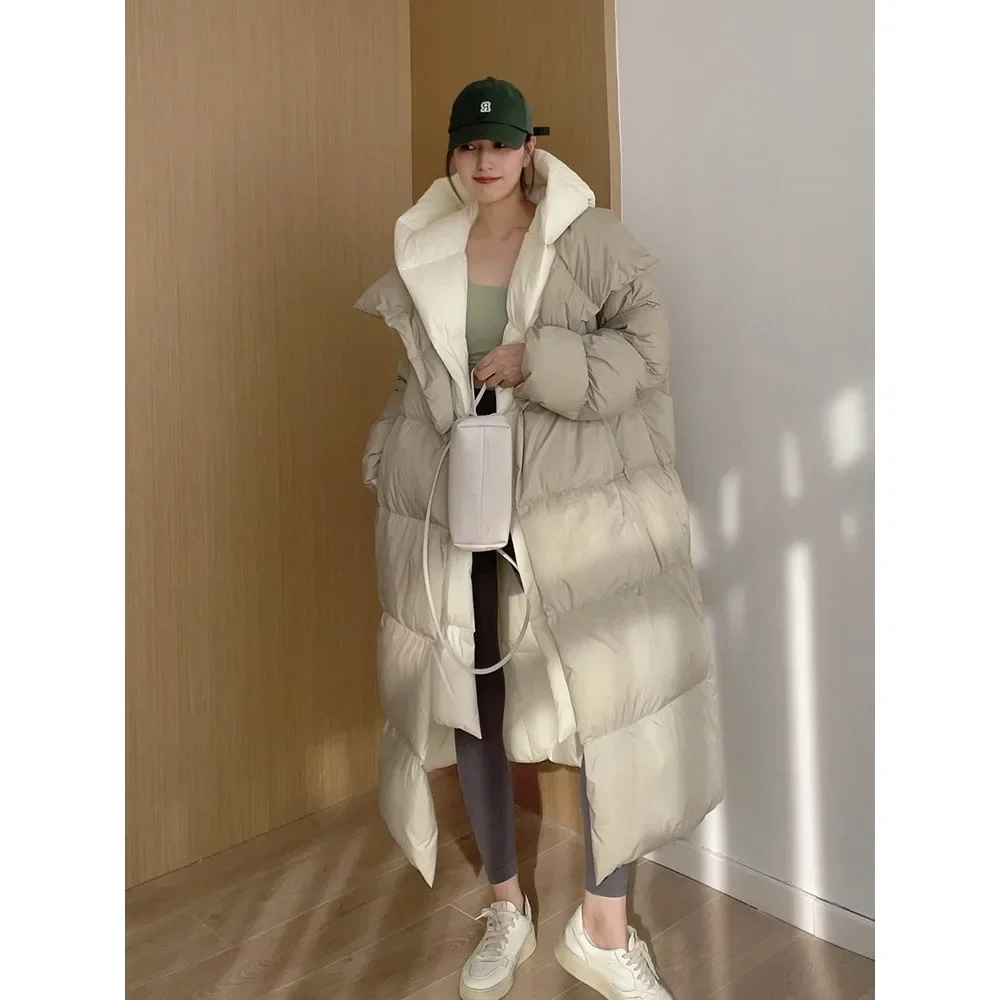 2025年女性用冬用厚手暖かいロングパファージャケットふわふわホワイトダックダウンジャケットフード付き女性用ファッションフェイクツーピースパーカー