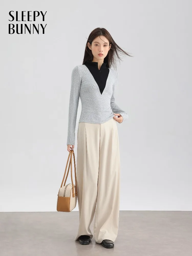 

Trendy Long Sleeve T Shirt Slim Fit Stretchy Top for Women Stylish Contrast V Neck Layered Design Tee for Spring Casual Wear