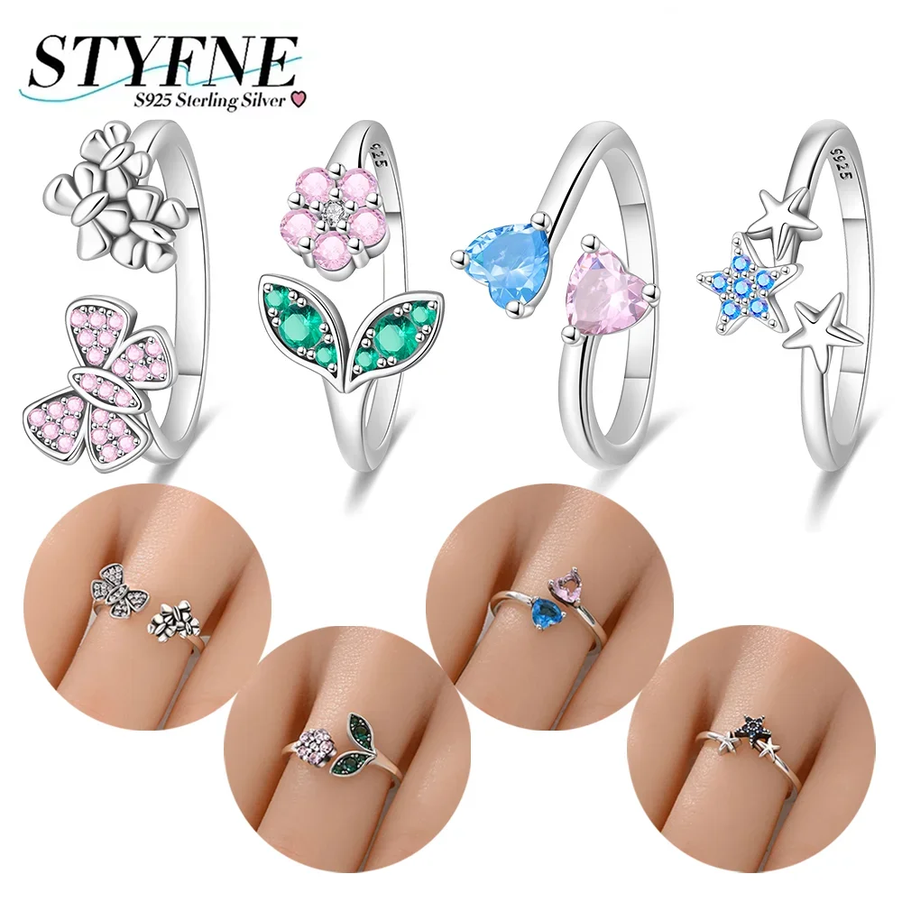 

New 925 Sterling Silver Rings Shiny Zircon Love Starfish Flower Butterfly Open Rings Fit Women Fashion Jewelry Making Gift