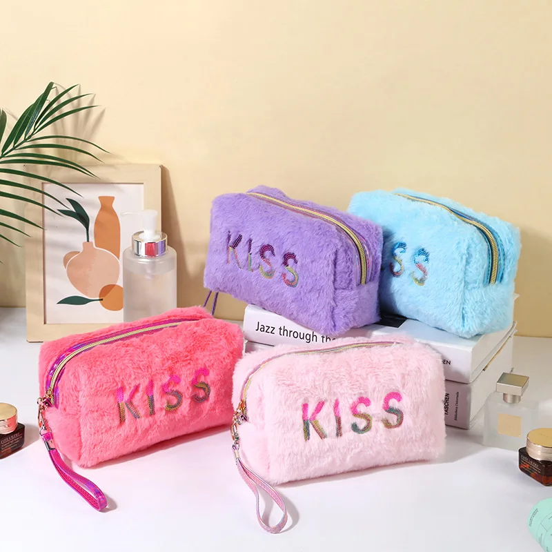 Plush Makeup Bag Cosmetic Bag for Women,Zipper Large Solid Color Travel Toiletry Bag Travel Make Up Toiletry Bag Washing Pouch