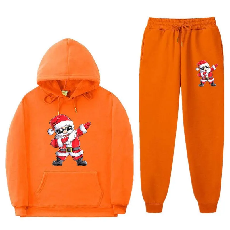 Santa Claus printed hoodie and pants set, fashionable threaded bottom hem, loose hooded shirt, men's and women's casual sports s