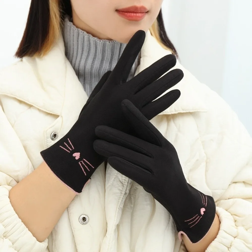 New Winter Gloves Warm Touchable Screen Driving Mittens Cute Cat Embroidery Full Finger Full Finger Gloves Women