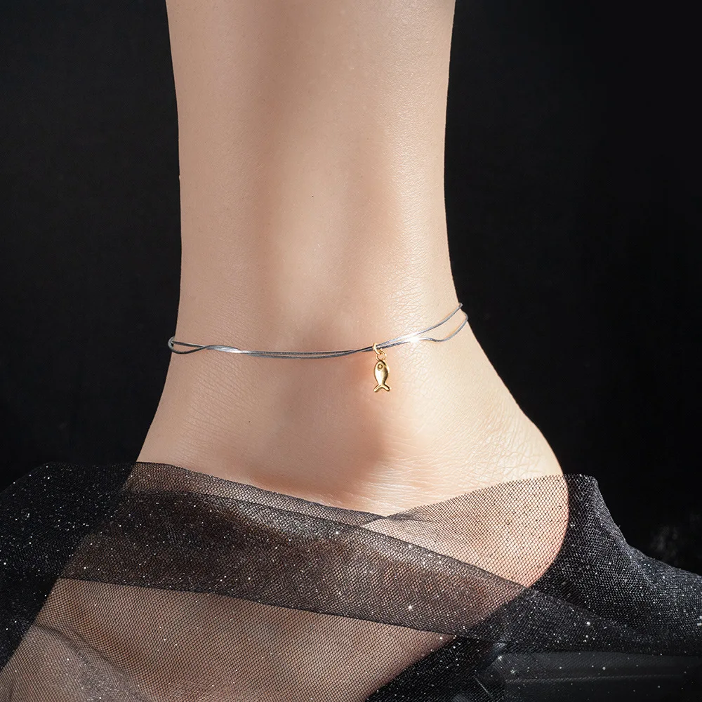 

Foot Bracelet Silver 925 Woman Anklets Real 925 Sterling Silver Double-layer Fish Shape Leg Bracelet For Girls Occasion Chain