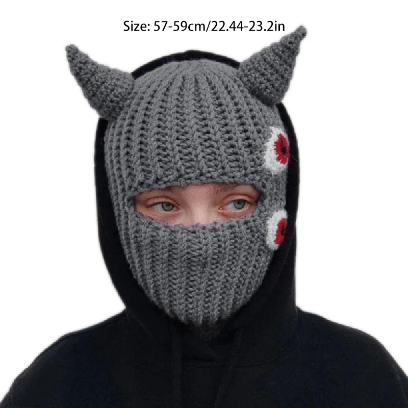 Winter Warm Full Face Mask Hat Devil Horn Adult  Windproof Knit Beanies Unisex Caps Sports Cycling Ski Party Accesorios