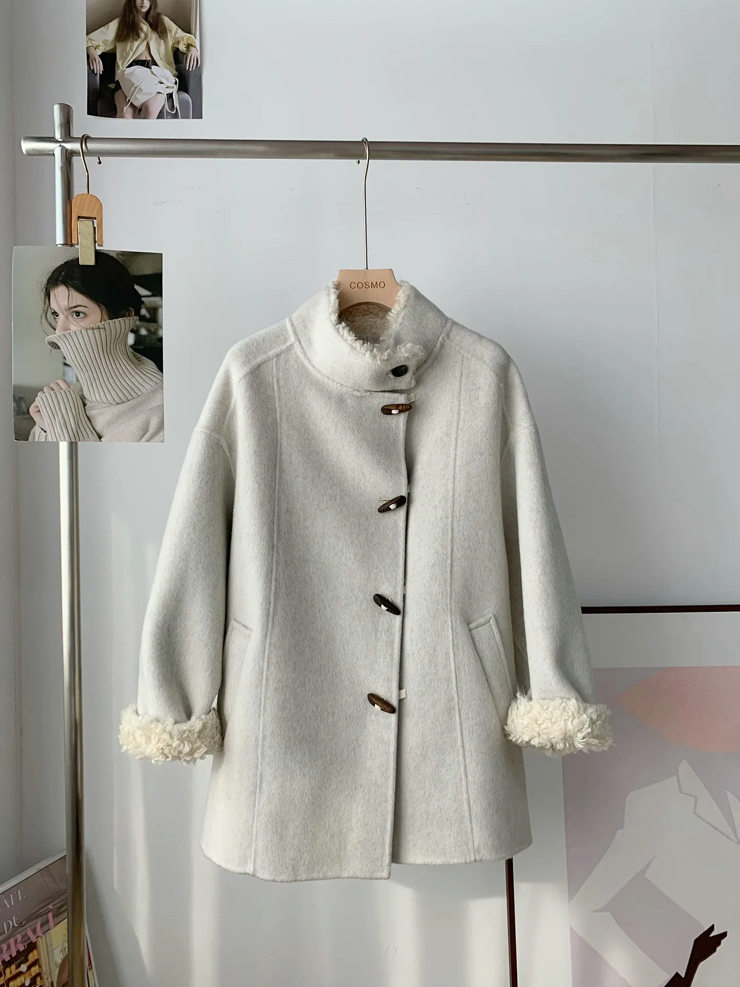 Women Korean Stand Collar Double Sided Wool Coat Horn Button Short Woolen Overcoat Spliced Lamb Fur Winter Outerwear 2026New