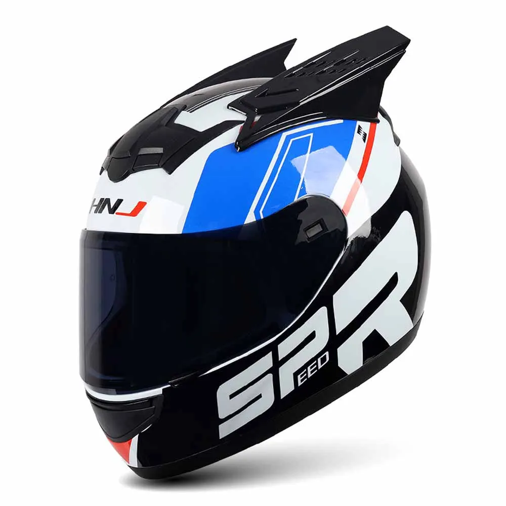 

White Blue Shark Black Horns Full Face Biker Helmet Wear-Resistant Motocross Kask Breathable Racing Helmets Anti-Fall Protection