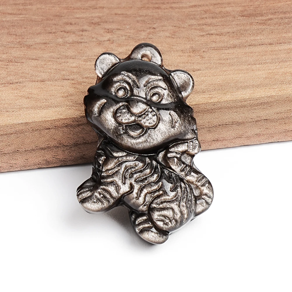 

Hand-Carved Silver Sheen Obsidian Tiger Cub Pendant 28x21x9mm Fierce Blessings Playful Protection Amulet For Jewelry Making DIY