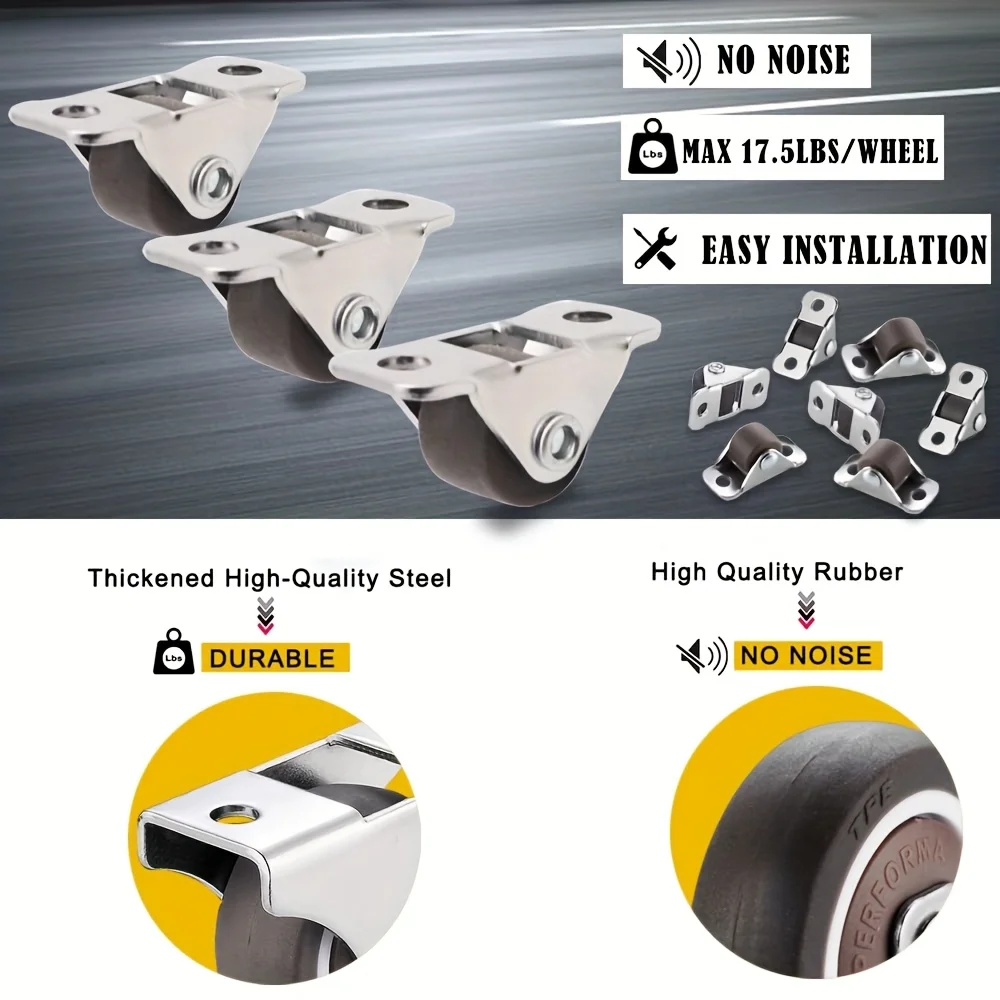 12pcs, 4 Pulleys and 8 Installation Screws, Silent Mini Drawer Rollers - 0.5 Inch Directional Casters for Smooth Push & Pull Fur
