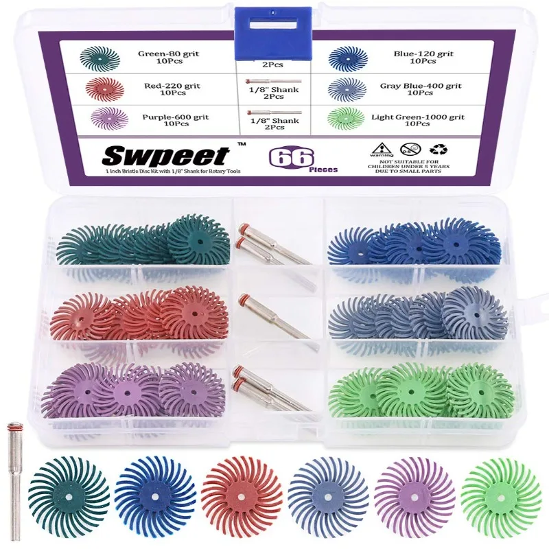 

Swpeet 66Pcs 1 Inch 6 Mixed Grit 80/120/220/400/600/1000 Radial Bristle Disc Abrasive Brush Gap Polishing Pad Buffing Wheel Asso