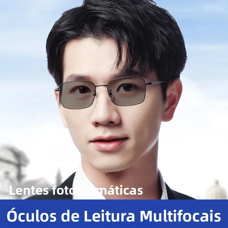プログレッシブ多焦点フォトクロミック老眼鏡男性用純チタン抗紫外線-眼精疲労-グレア老眼眼鏡