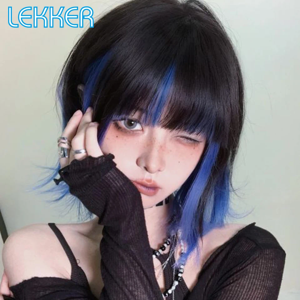 Lekker Wear to go Highlight Blue Short Straight Bob Human Hair Wigs With Bangs For Women Brazilian Remy Hair Colored Cosplay Wig