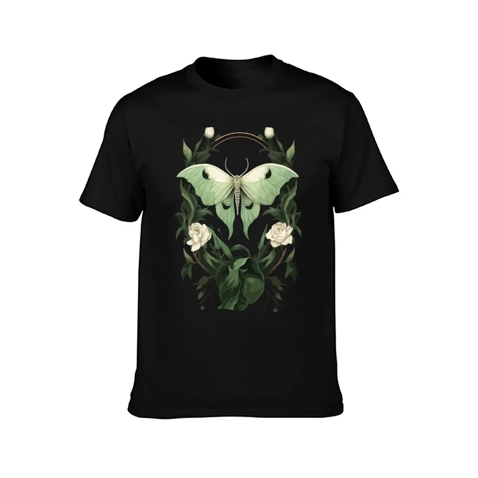 Green Luna Moth T-Shirt, Summer Casual Cotton Tee, Oversized Streetwear Tops, Vintage Graphic Print, Loose Fit Short Sleeve