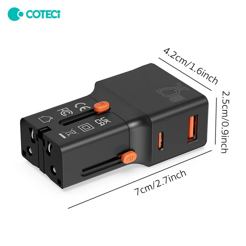 COTECi Mini Universal Travel Charger British Australian Mobile Phone Plug QC3.0 Fast Charge PD Charger 25W Travel Adapter