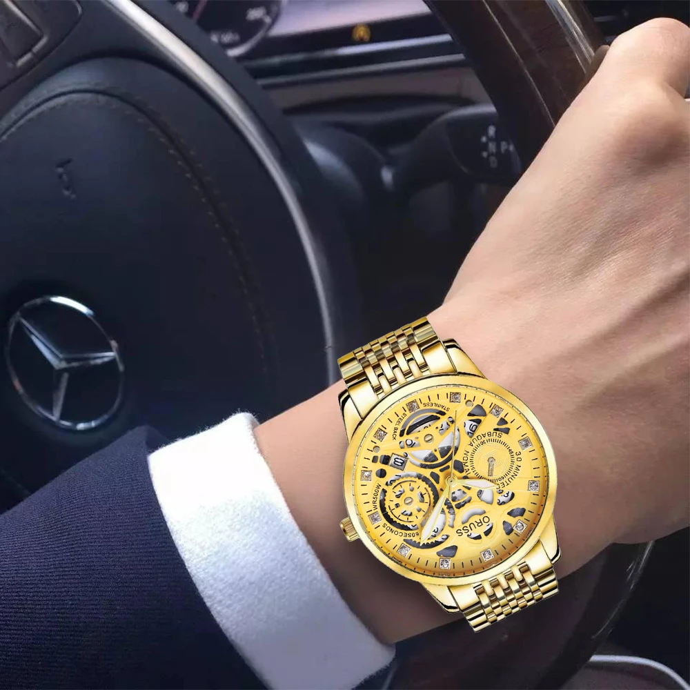 ORUSS оригинальные мужские часы из нержавеющей стали с двойным календарем, водонепроницаемые светящиеся роскошные золотые часы, модные кварцевые мужские наручные часы, новое поступление