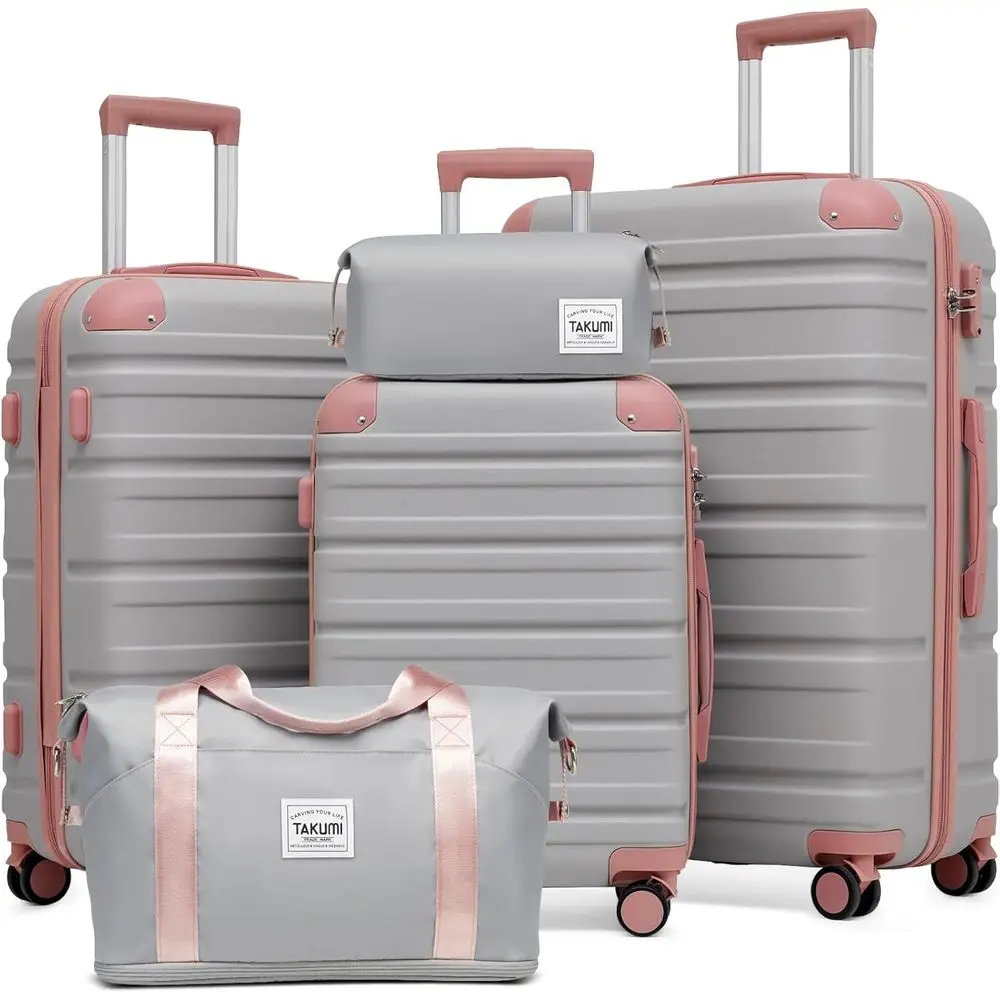

5 Piece Lightweight Carry-On Luggage Set with ABS+PC Hardshell, Double Spinner Wheels, TSA Lock (Grey Pink)