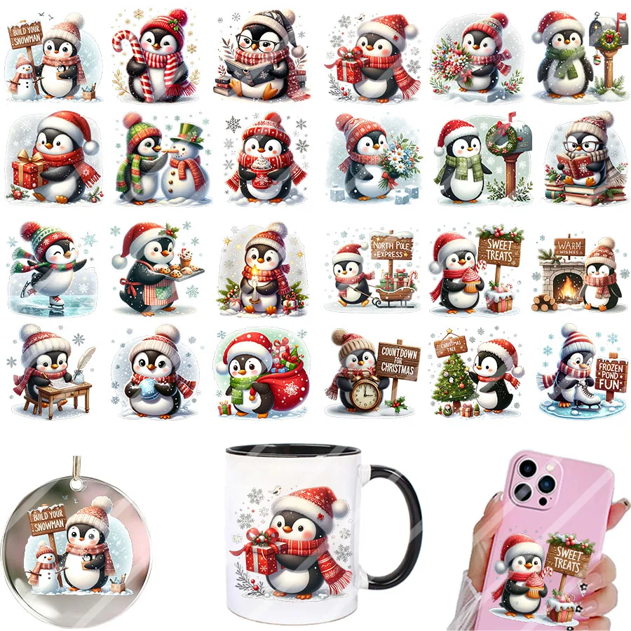 4pcs Cute Winter Christmas Penguin DIY UV DTF Rub On Transfer Stickers Tumbler Glass Cup Can Wrap Cards XMas Tree Ornament Decor