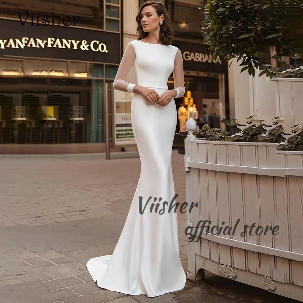 

Viisher White Mermaid Wedding Dresses Long Sleeve O Neck Bride Dress Backless with Train Beach Boho Bridal Gowns