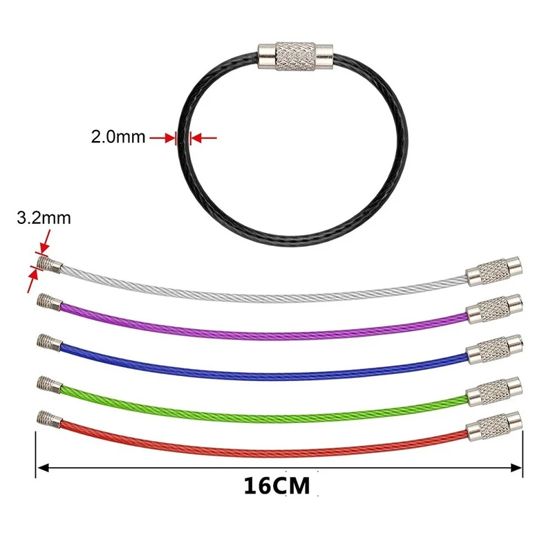 Imagem -02 - Chaveiro Tag Corda de Fio Cabo Laço Parafuso Bloqueio Gadget Anel Chave Círculo Acampamento Mão Conjunto Ferramenta Aço Inoxidável 10 Peças Cores