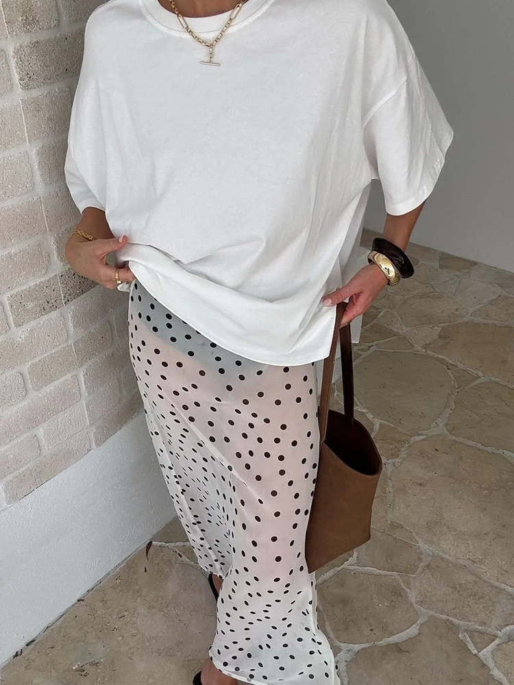 

JULISSA MO Sexy See Through Printed Polka Dot Women Skirt Coffee High Waist Y2k Casual Long Skirt Summer Loose Outdoor Beachwear