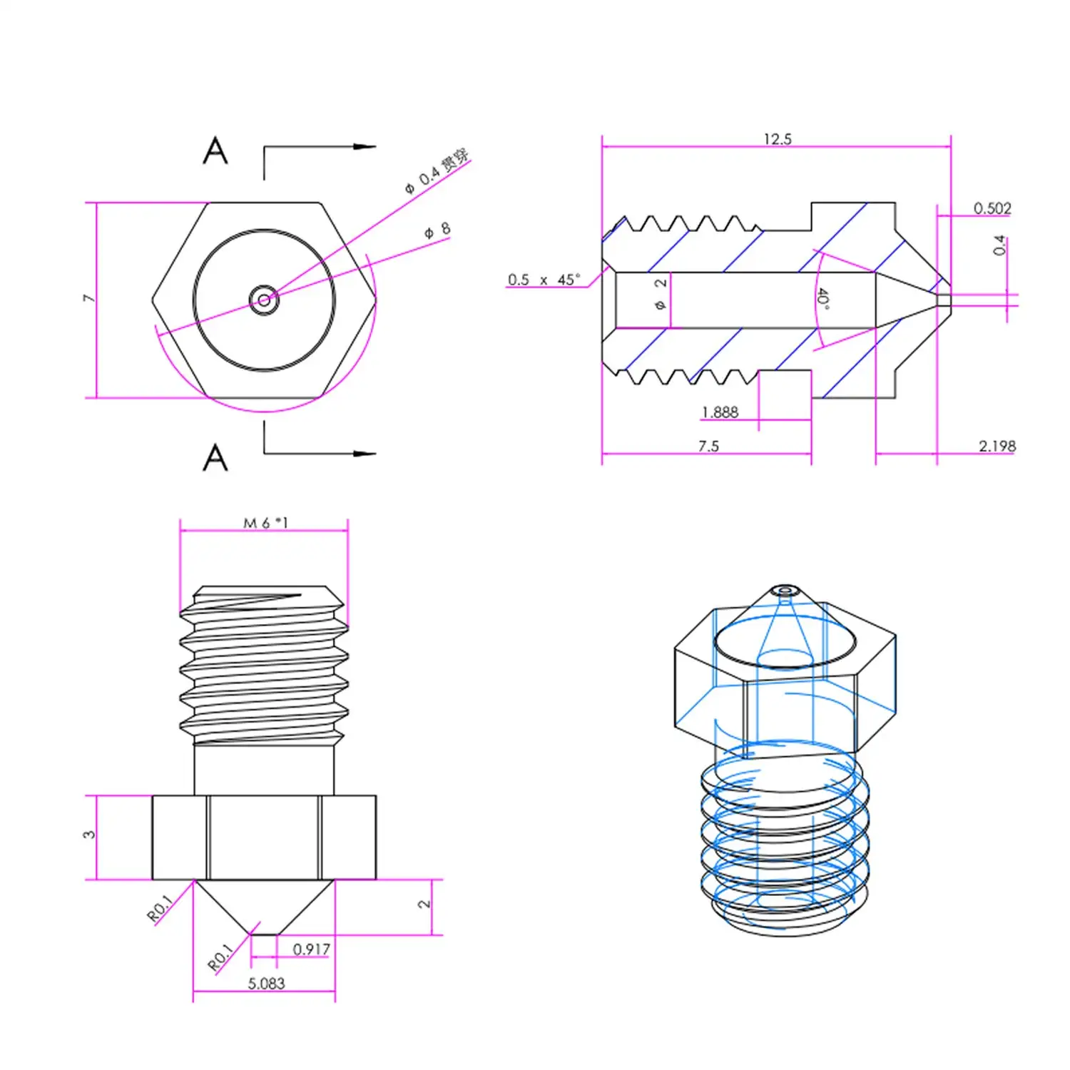 0.4mm mosiężne dysze 3D gorący koniec mosiężne dysze 0.4mm do anysześciennych kobra ,kobra Neo,kobra go,Mega,Mega s,Mega pro,Mega x