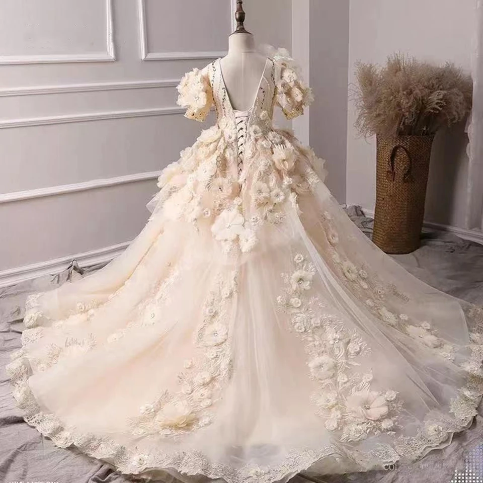 Vestidos de flores champán de lujo para niña, apliques florales 3D, lentejuelas brillantes con cuentas, vestido de Primera Comunión para desfile de cumpleaños para niños, 2023