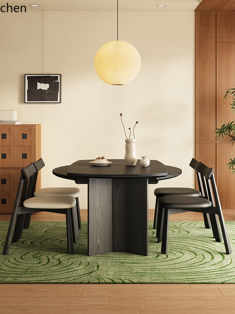 

YXY Retro Solid Wood Folding Dining Table Extendable Convertible Round Table Black Rock Slab Small Apartment