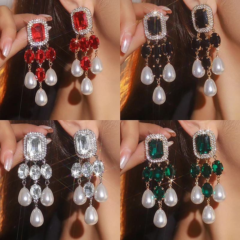 الأوروبية والأمريكية مبالغ فيها سلسلة هندسية تقليد اللؤلؤ الملونة كريستال كبير أقراط فستان العشاء كل مباراة