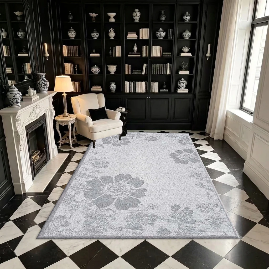 Simple Gray Floral Pattern Frame Carpet Floor Decoration Faded Vintage Floral Border Print Square Carpet Suitable for Bedroom Home Decor