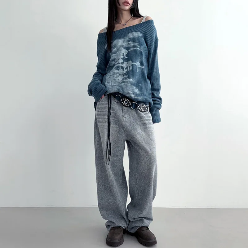 2024 Summer New Women's Spicy Girl Personalized Vintage Printed Slant Neck Loose And Versatile Long Sleeve Top