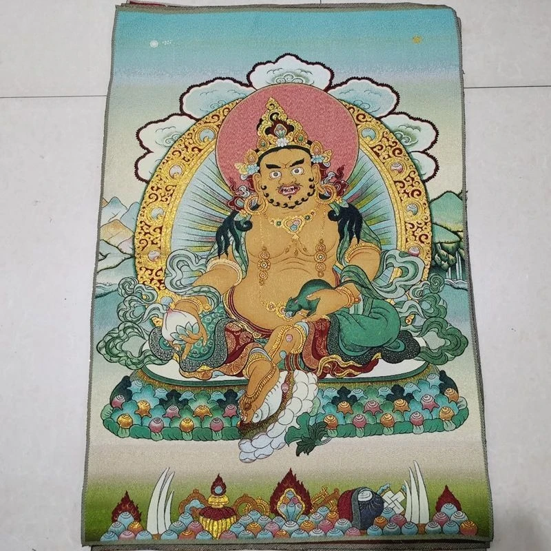 Tibet Tibetan Cloth Silk Green background god of wealth buddha Thangka Tangka Embroidery Painting