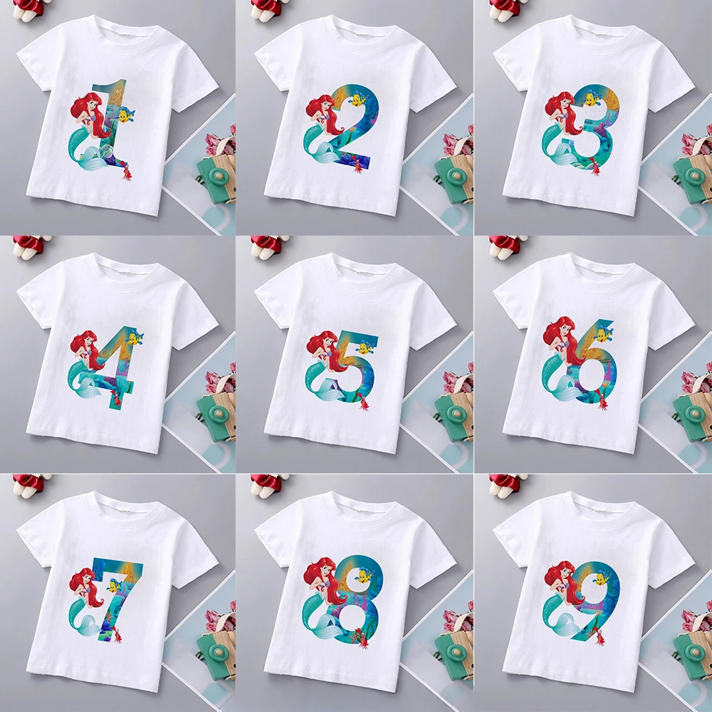 Disney Brand Girls Mermaid Princess Print Cotton T Shirt Ariel Princess Clothes Children Cartoon Top1-9Years Kids Birthday Gift