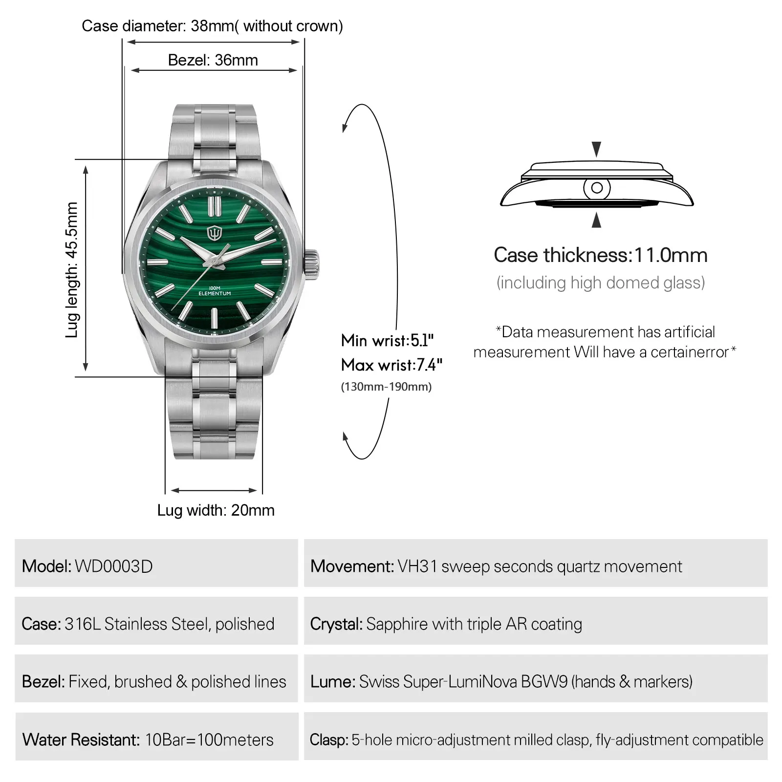 Watchdives WD0003D Natural Stone Elementum Men Watch VH31 Sweep Seconds Movement Quartz Watches Sapphire Luminous Waterproof