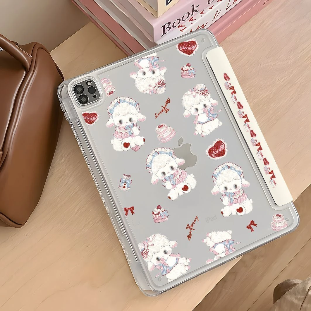Cute Red Grid Polka Dot Bow Lamb Y2K Tablet Case For iPad Pro 11 12.9 13 A16 M2 M4 M3 M5 5/6/7/8/9/10/11th Mini Air 3 4 5 Cover