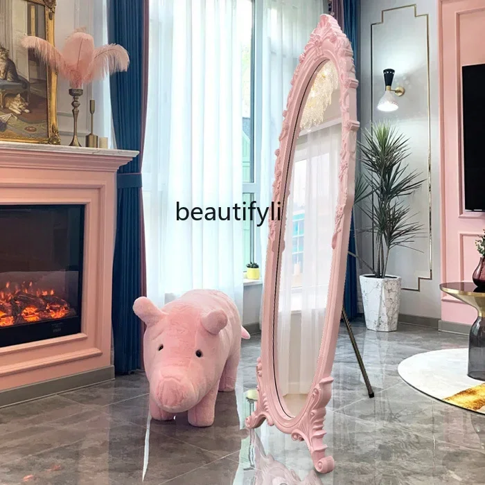 BBEuropean full-length mirror full-body floor mirror carved bedroom ins wind wall-mounted pink mirror