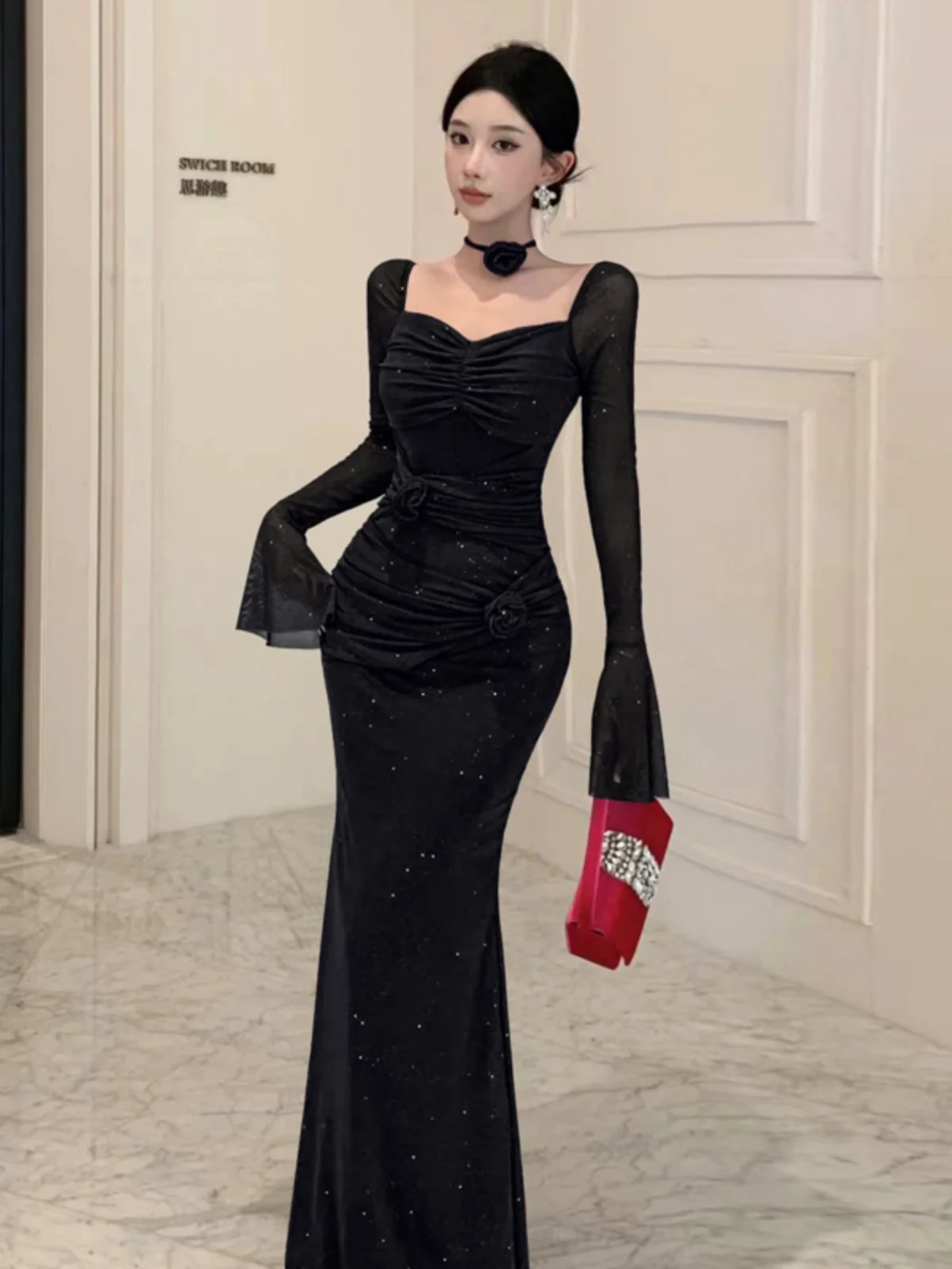 Rok Fishtail Berlapis Bunga 3D Jaring Kelas Atas Antik Perancis Rok Panjang Pesta Ramping Bahu Terbuka Seksi Musim Semi Musim Panas Wanita