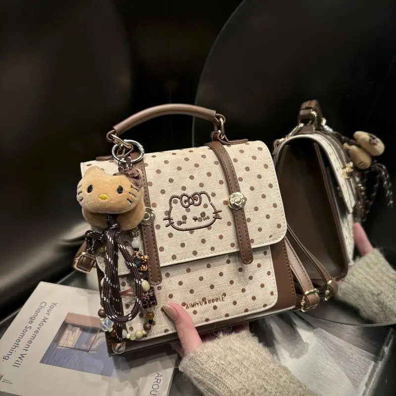 

Sanrio Hello Kitty Pu Brown Polka Dot College Style Double Shoulder Bag Small Square Shape Handbag Bring A Cat Head Bead Chain