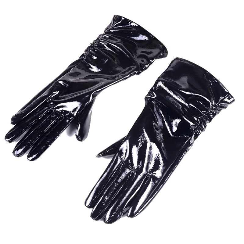 Women\'s ladies Genuine Shiny leather Patent Leather Black Mid-Long evening gloves Ruched Gloves