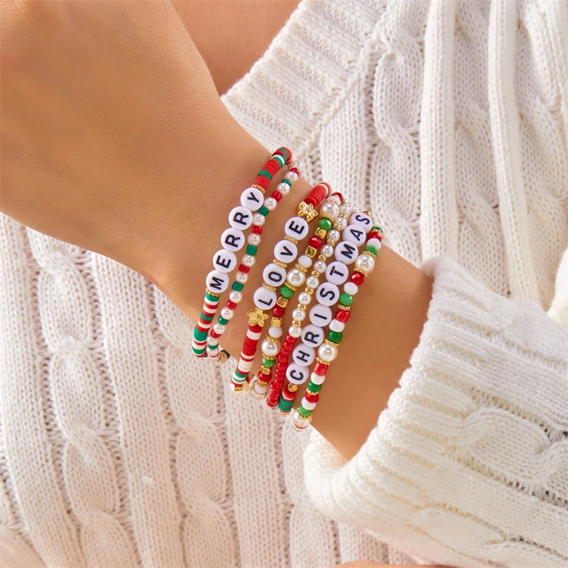 Merry Christmas Cartoon Santa Star Polymer Clay Bracelet Dainty Snowflake Hat Cane Imitation Pearl Chain Festival Party Jewelry